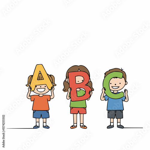 Kids holding letters A, B, and C while smiling and standing together  