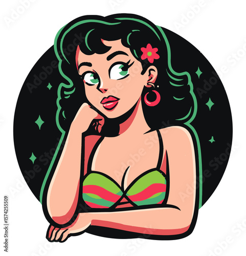 Cartoon Woman with Green Eyes and Pensive Expression in Pop Art Style