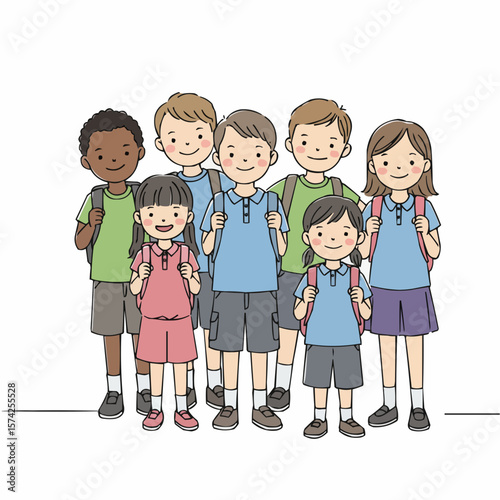 Diverse group of schoolchildren smiling with backpacks in casual attire  