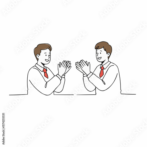 Two men clapping hands in business attire while smiling  