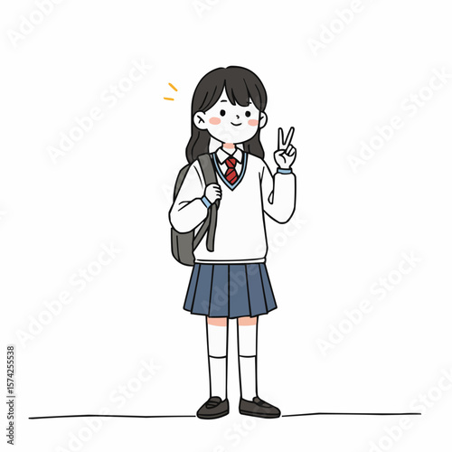 Young girl in school uniform smiling and showing peace sign 