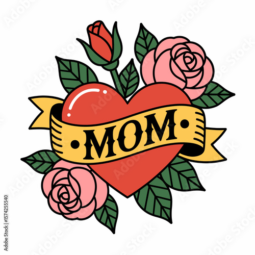 Mom Tattoo Heart with Roses: An illustration of a heart tattoo with "Mom" banner, surrounded by delicate rose blooms. A timeless tribute to maternal love.