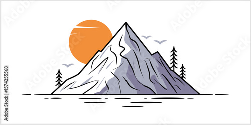 Mountain Peak Sunrise: A stylized illustration of a majestic mountain peak silhouetted against a vibrant orange sunrise, with calm water reflecting the scene, creating a serene and peaceful landscape.