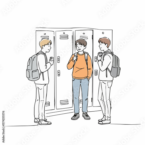 Three young men talking by school lockers in a casual setting  