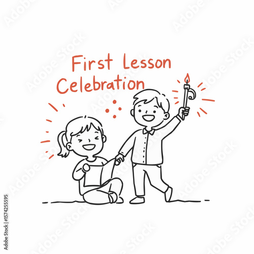 Happy children celebrating their first lesson with a drawing  