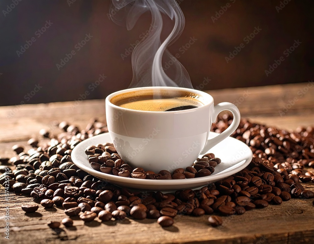 Fototapeta premium Hot coffee on wooden table
