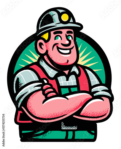 Cartoon Construction Worker with Hard Hat and Mustache Smiling Cheerfully