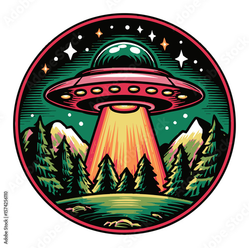 Colorful Cartoon UFO Abduction Scene with Alien and Cacti at Night