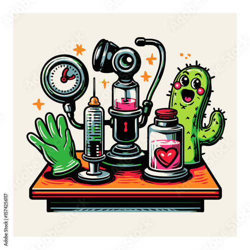 Colorful Cartoon Medical Elements Including Syringe and Stethoscope