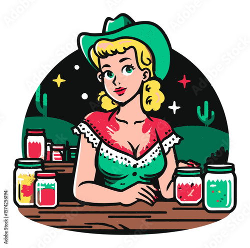 Vintage Cartoon Woman Organizing Jars in Retro Kitchen Setting