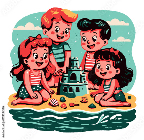 Happy Children Playing in Tropical Water with Shells and Palm Trees