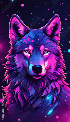 A starry night vaporwave style poster design of a cute wolf