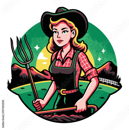 Cheerful Cartoon Cowgirl Holding a Pitchfork in a Desert Landscape