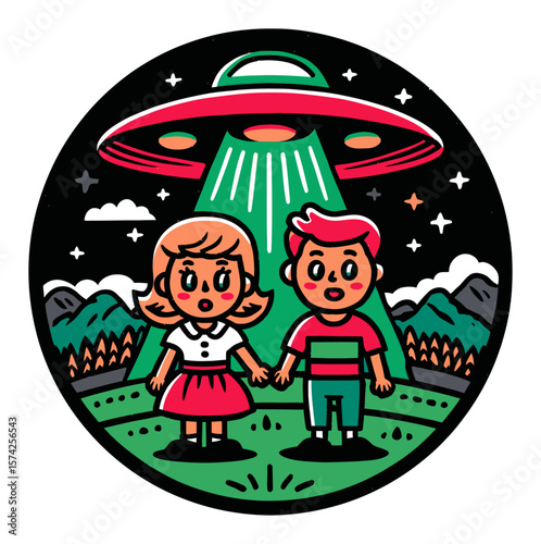 Cartoon Children Witnessing UFO Abduction in Colorful Scene