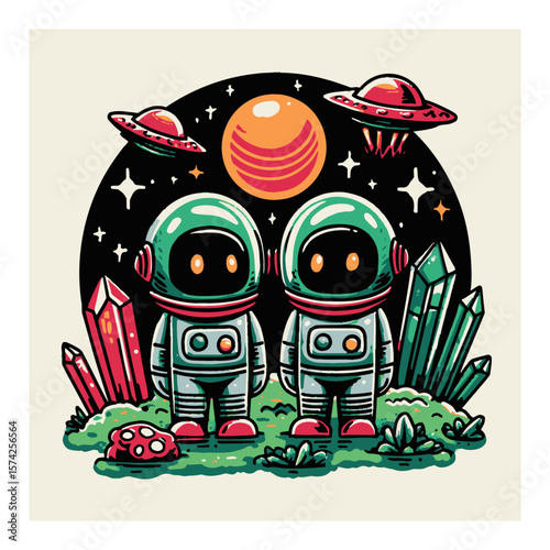 Cartoon Space Scene with Astronauts, UFOs, Mountains and Cacti