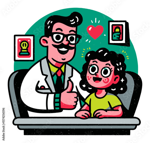 Cheerful Cartoon Doctor with Patient Girl in Vibrant Clinic Setting