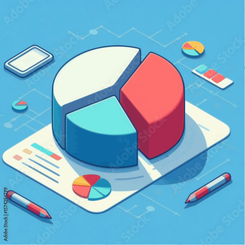 Isometric icon of pie chart with three segments

