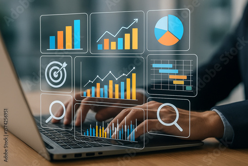 Analyzing business data on laptop for strategic decision making and growth planning in digital marketing era