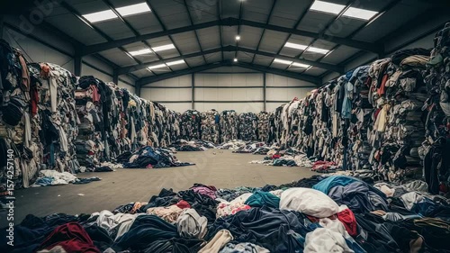 Mountains of used clothing are waiting to be processed inside a large warehouse, representing the global challenge of textile waste and the need for sustainable solutions