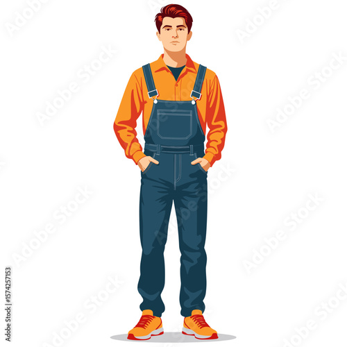 Young man in overalls standing confidently with hands in pockets  