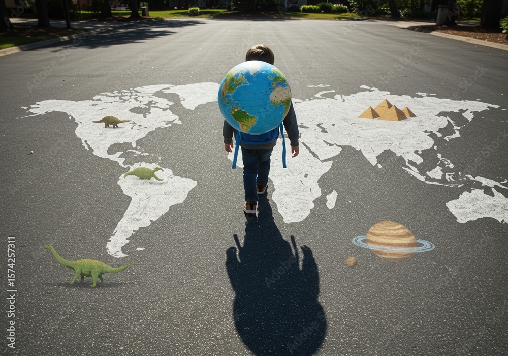 Fototapeta premium Child walking on world map street mural with dinosaur and planet illustrations