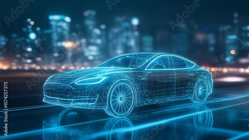 A futuristic electric car is depicted as a glowing blue wireframe model against a blurred city lights background, representing advanced automotive technology.