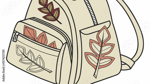 Illustration of a stylish backpack decorated with leaf designs and featuring a zipper closure system