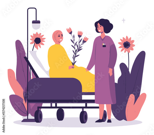 Nurse Caring for Patient in Bed Surrounded by Flowers and Plants