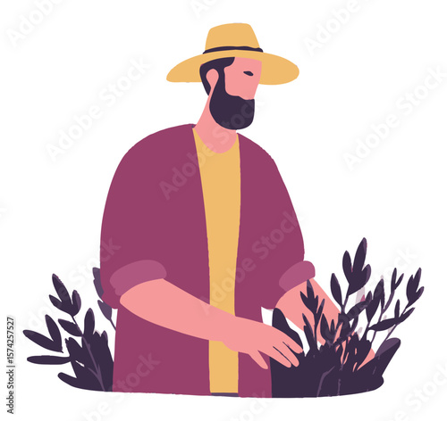 Man in Hat Gardening with Plants in a Stylized Flat Vector Design