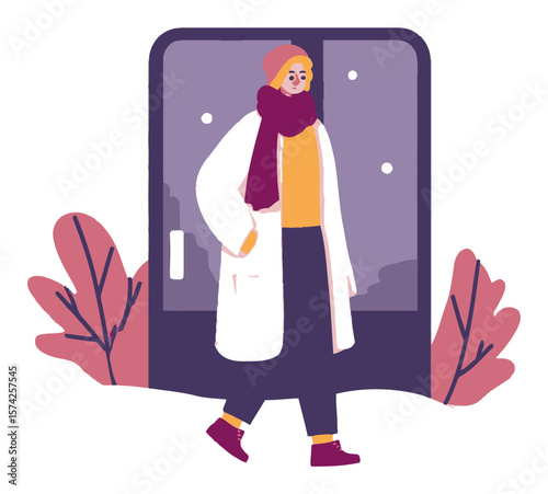 Stylish Young Person Walking in Winter Attire in Flat Vector Illustration