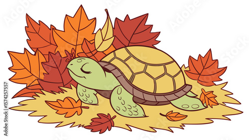 Illustration of a cartoon turtle sleeping peacefully nestled among colorful autumn leaves and straw bedding