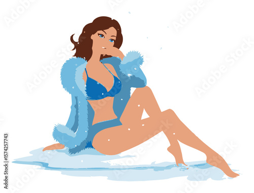 Stylish Cartoon Woman in Blue Bikini and Fur Wrap Sitting in Snow