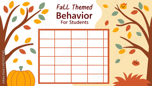 Fall themed behavior chart with trees, leaves, and a pumpkin, designed for student behavior tracking use
