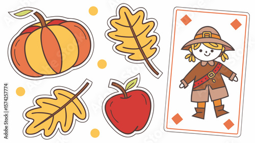Illustration featuring a pumpkin, leaves, apple, and pilgrim card for thanksgiving decor art style