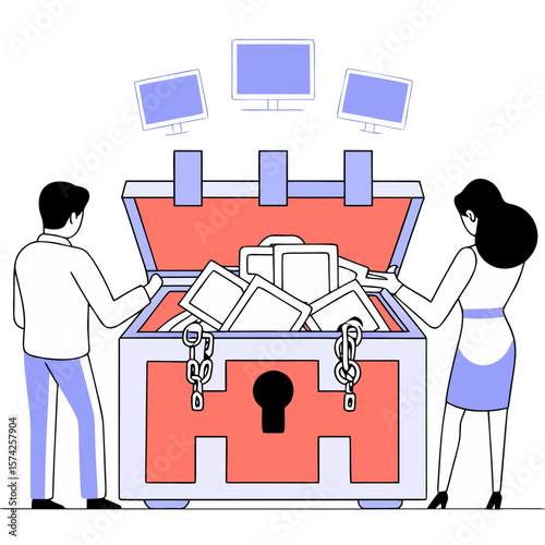 Businesspeople Unlocking Treasure Chest Full of Data