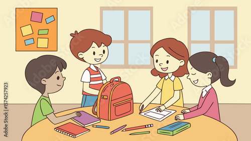 Four children are sitting around a table with books, pens, and a backpack in a bright classroom setting