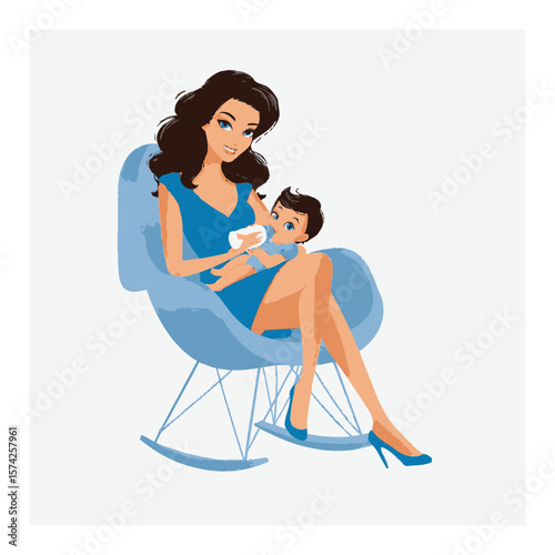 Loving Mother Rocking Baby in Stylish Vector Cartoon Illustration