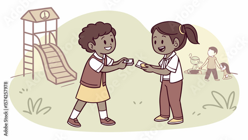 Two children exchanging cards at a playground with a slide and other kids playing nearby scene at daytime