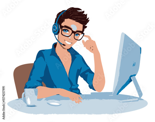 Cartoon Male with Headset Working at Desk with Computer Monitor