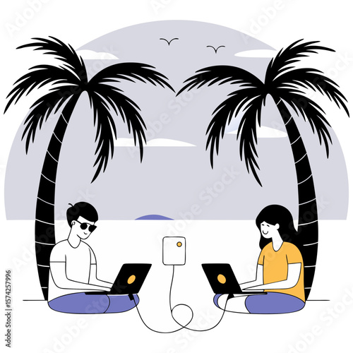 Digital Nomads Syncing Data on Laptops Under Palm Trees