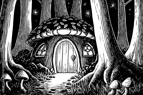 Fantasy forest hut made of mushrooms and vines, magical surroundings, glowing trees, fairy tale elements vector black and white line art illustration