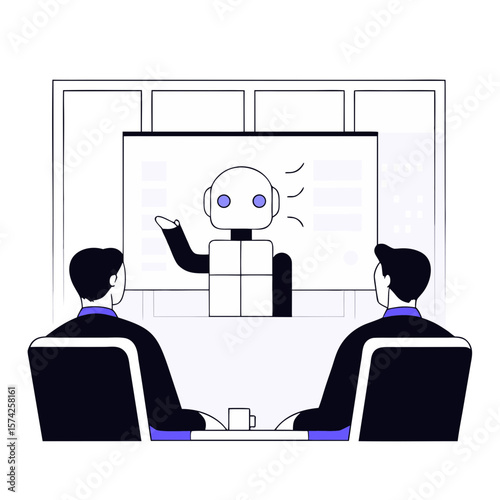 Team Pitching to Robot Investor in Futuristic Boardroom