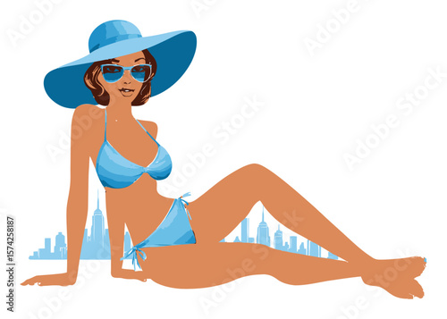 Stylish Woman in Sunglasses and Hat Relaxing at the Beach