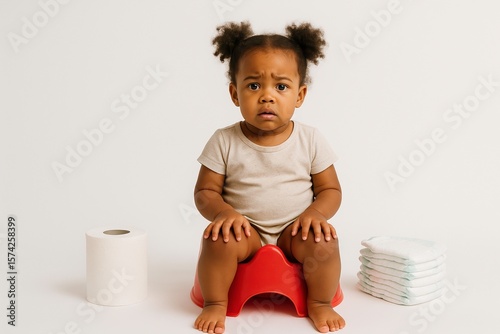 African American toddler girl during potty training, sitting with a confused expression. Diapers and toilet paper roll nearby. Clean white background, realistic lighting.