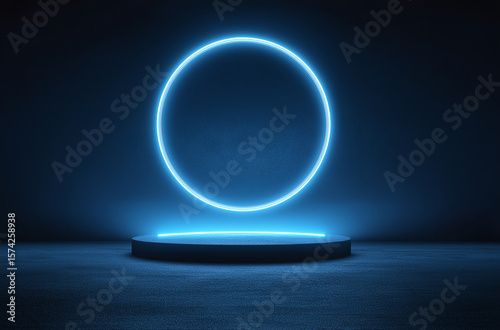 Abstract blue glowing neon podium with a circle for product presentation on a dark background