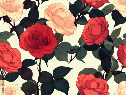 Seamless pattern of vibrant red and soft pink roses with lush green leaves creates romantic and elegant floral design. intricate details and rich colors evoke sense of timeless beauty