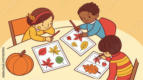 Children drawing autumn leaves at a table with a pumpkin in a warm and cozy indoor setting scene