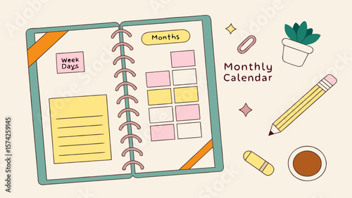 Illustration of an open notebook with a monthly calendar, pencil, plant, and other stationery items around it