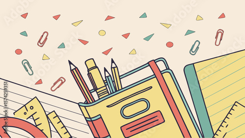 Illustration of school supplies including notebooks pencils rulers and paperclips scattered around it