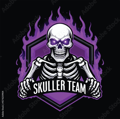 "Skuller Team Logo with Purple Flames – Fierce Skeleton Mascot for Sports & Gaming"
